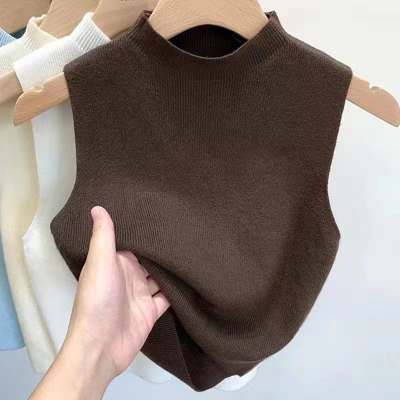 Knitted Top Women Y2K Tank Top Half Neck Vest Female Sleeveless Sweater Chic Streetwear Solid Skinny Tube Top Summer 2025 Dark Brown One Size