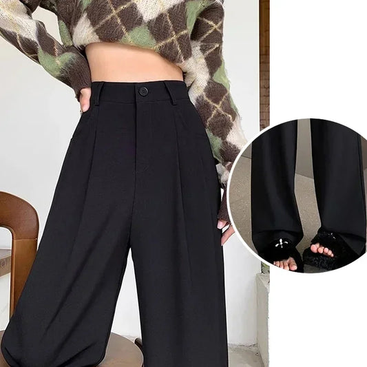 Women Fashion Suit Pants Lady Breathable Baggy High Waist Wide Leg Summer Trousers Lady Straight Leg Black Coffee Classic Pants Badiee Stylez