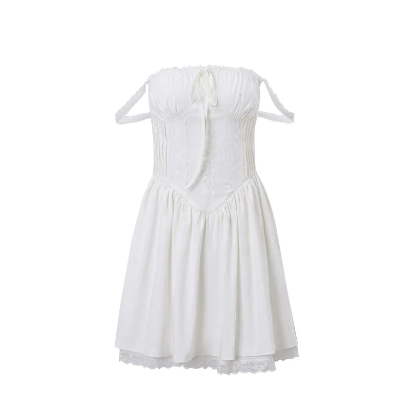 WhereMery Elegant Women Aesthetic Pleated Mini Dress Y2K White Sleeveless Square-neck Lace-up Off Shoulder Spring Party Dresses