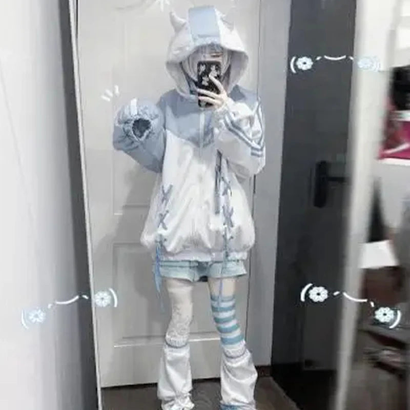 Girls Stitch Woman Clothing Subculture Japanese Hoodie Blue White Autumn Woman Sweatshirts Zipper Winter y2k Clothes Hoodies