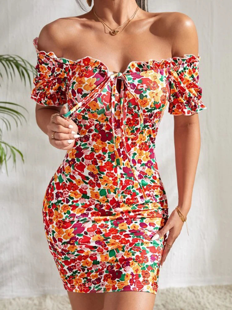 All-over flower print ruffled lace-up one-shoulder sexy high-elasticity slim-fitting dress mini skirt