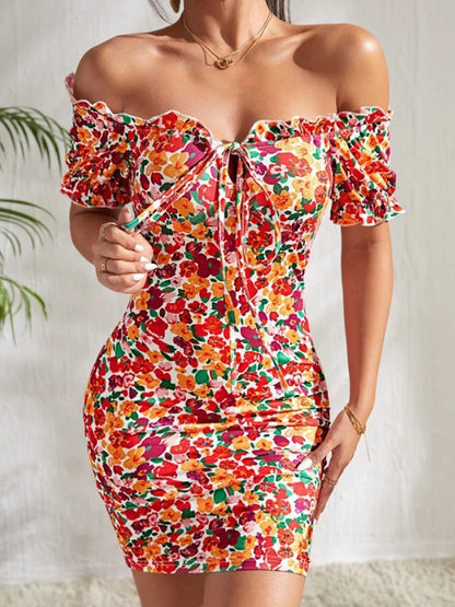 All-over flower print ruffled lace-up one-shoulder sexy high-elasticity slim-fitting dress mini skirt