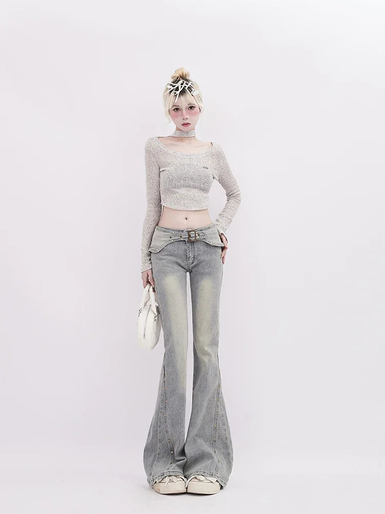 Korean Light Blue Flare Jeans Women Y2k Low Rise Vintage Denim Trousers Fashion Skinny Classic Aesthetic Harajuku Pants