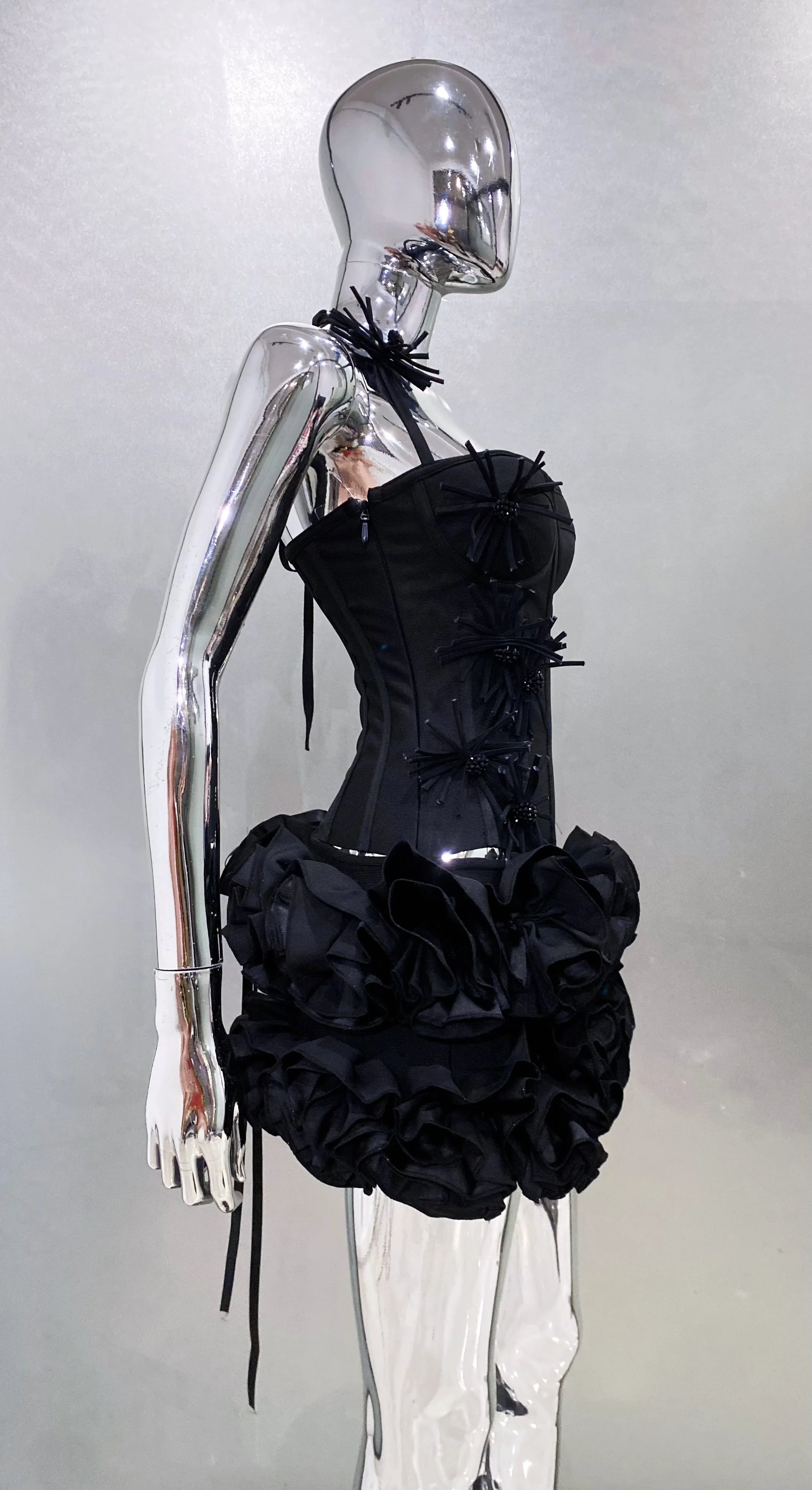 Black Red Women Sexy Strapless Laced-up Tops 2 Pieces Florals Bodycon Mini Bandage Dress Celebrate Nightclub Party Stage Wear