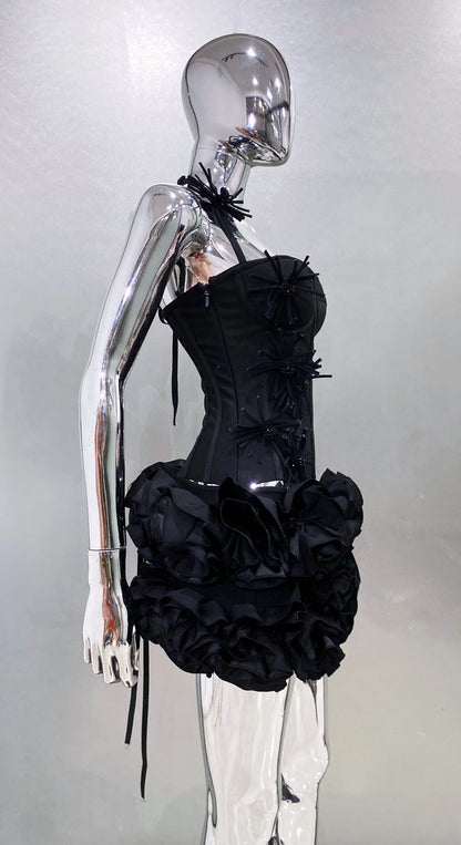 Black Red Women Sexy Strapless Laced-up Tops 2 Pieces Florals Bodycon Mini Bandage Dress Celebrate Nightclub Party Stage Wear