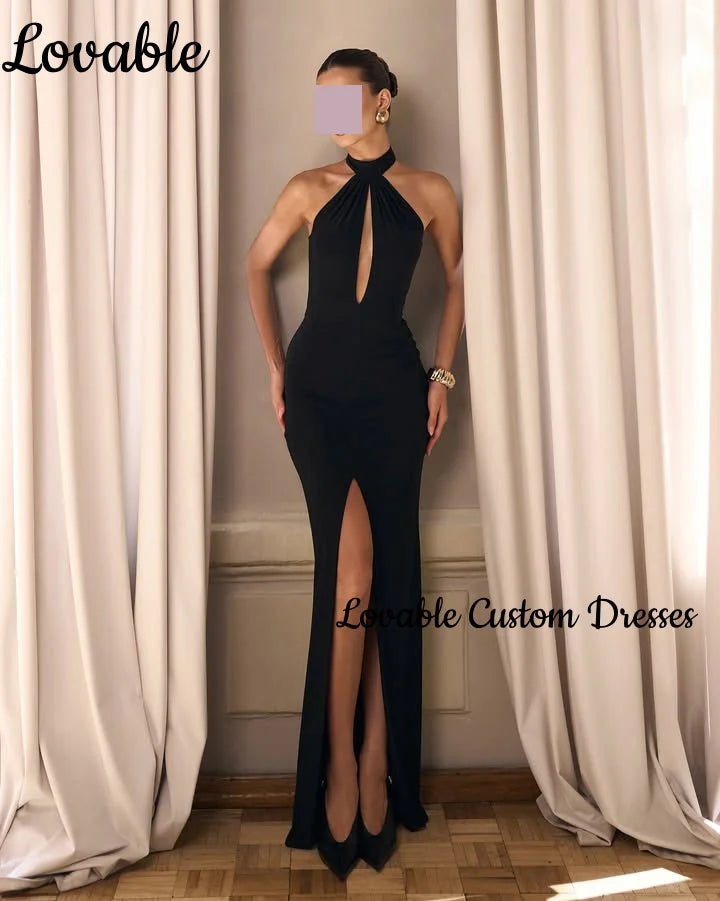 Women'S Evening Dresses Customize Sheath Split Halter Floor-Length Formal Occasion Dresses Black Zipper Up Sleeveless Vestidos Badiee Stylez
