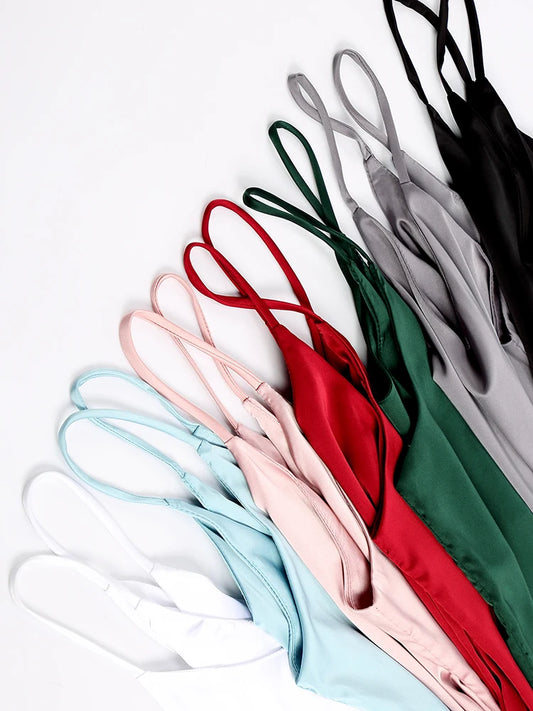 Spaghetti Strap Top Women Halter V Neck Basic White Cami Sleeveless Satin Silk Tank Tops Women'S Summer 2025 Camisole