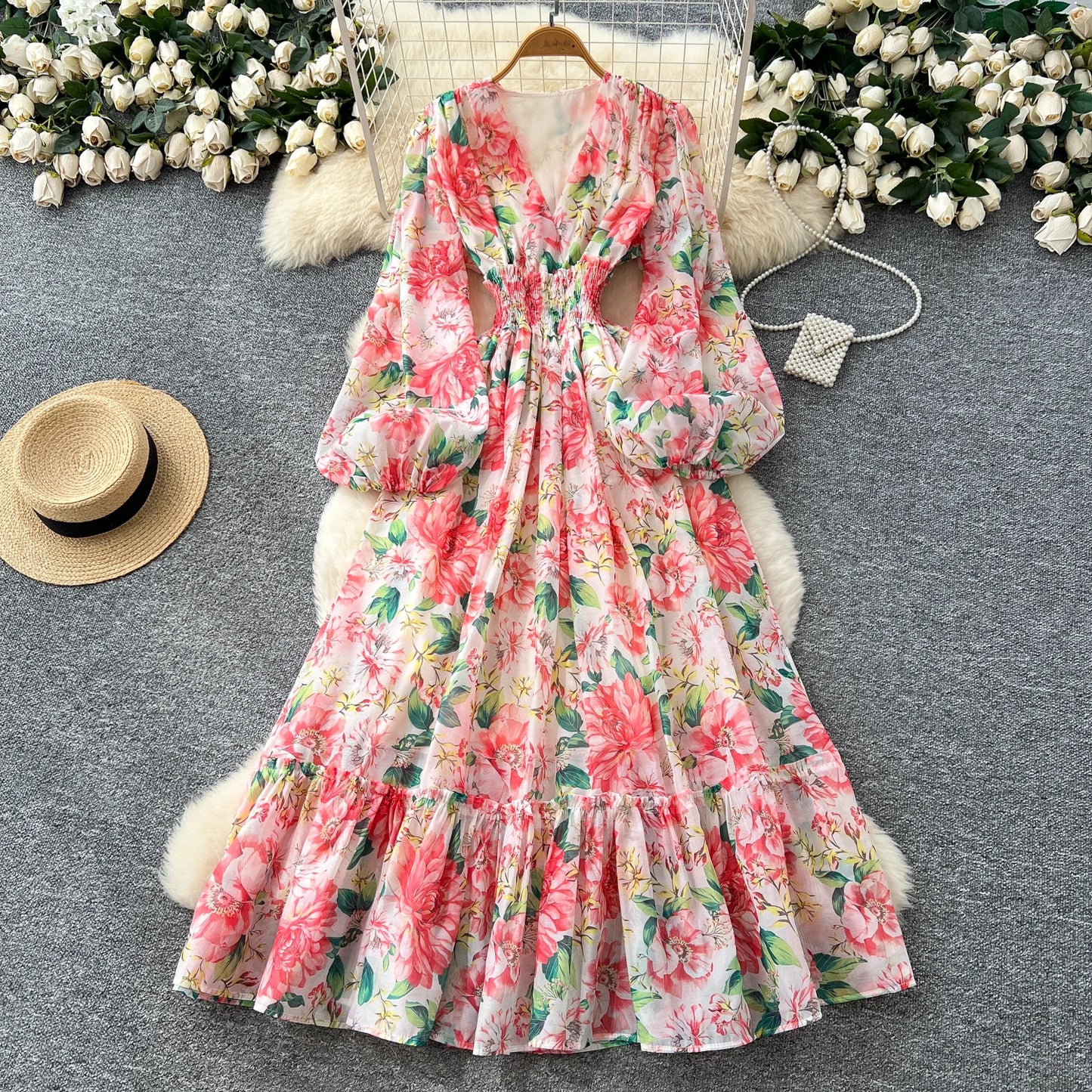 Chic vintage long sleeve lantern sleeve V-neck print pleated Elegant Fairy korean dress women clothing Long dress Apricot One Size