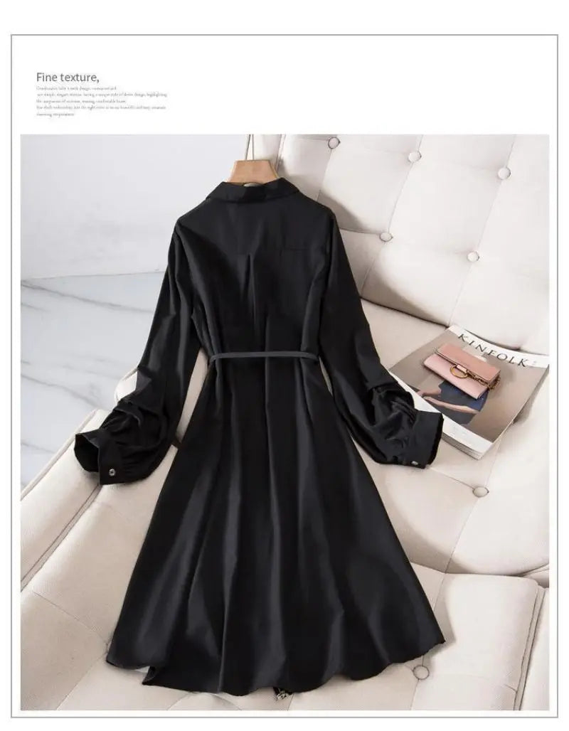 Print Vintage A-Line With Belt Loose Polo Neck Women's Dress Single-Breasted Knee Length Dresses For Women Clothing 2024 Fashion