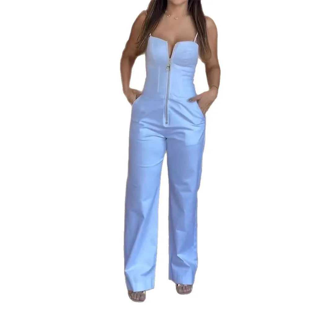 Women's Fashionable High-waist Jumpsuit Office Sexy Zipper Jumpsuit Summer Casual Commuting Solid Color Long Suspender Jumpsuit Badiee Stylez