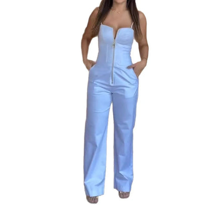 Women's Fashionable High-waist Jumpsuit Office Sexy Zipper Jumpsuit Summer Casual Commuting Solid Color Long Suspender Jumpsuit Badiee Stylez