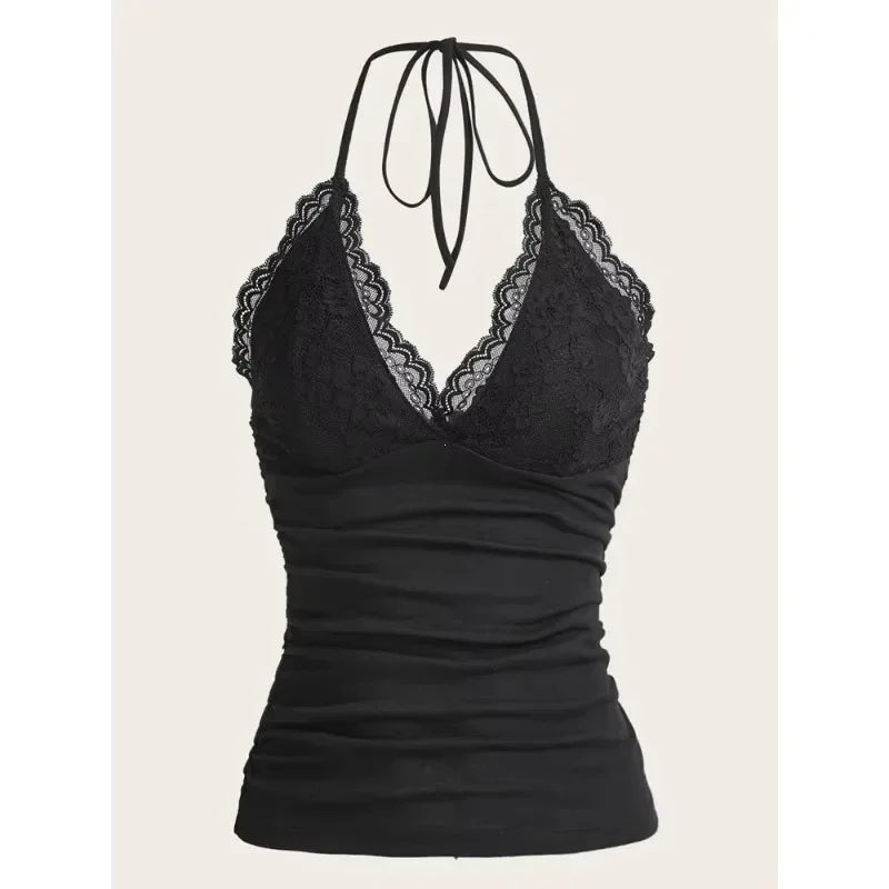 Black Lace Patchwork Halter Top Y2k Women Clothing Goth Punk Solid Ruched Backless Sleeveless Tank Top Streetwear Black