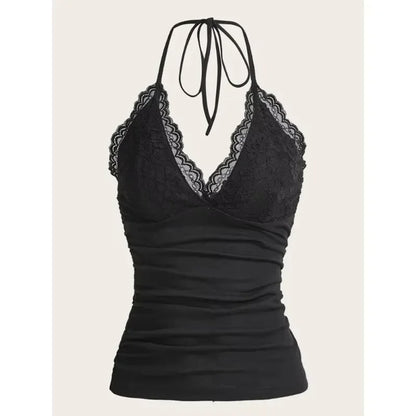 Black Lace Patchwork Halter Top Y2k Women Clothing Goth Punk Solid Ruched Backless Sleeveless Tank Top Streetwear Black
