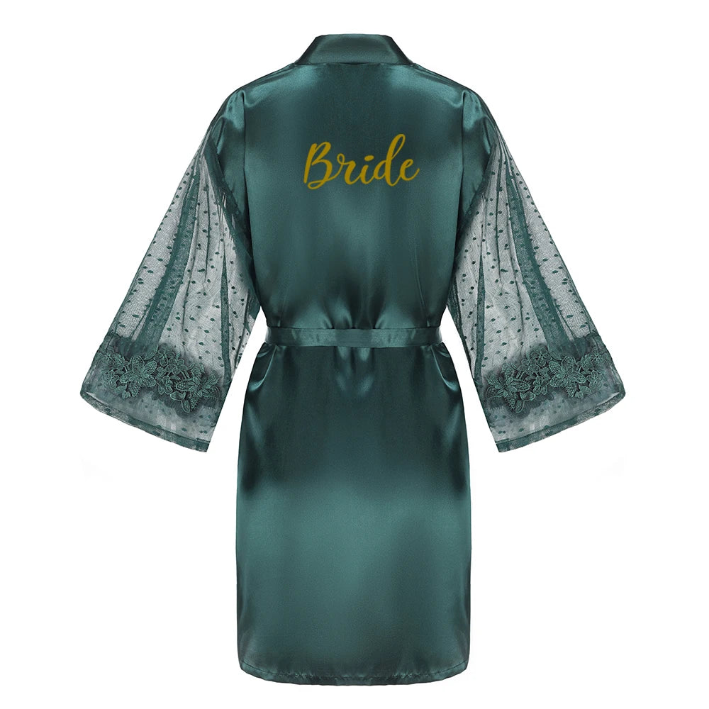 Green Bridesmaid Wedding Party Team Bride Robe With Gold Letters Lace Mesh Sleeve Kimono Satin Pajamas Mother Bathrobe As the photo show 12