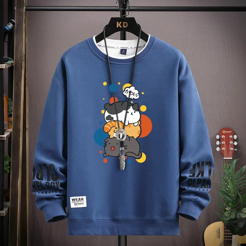 Spring Men's Sweatshirt Japan Cartoon Cats Printed Long Sleeve T-shirt Fashion Men's Clothing Khaki O Neck Harajuku Top 2024 New Die-Blue
