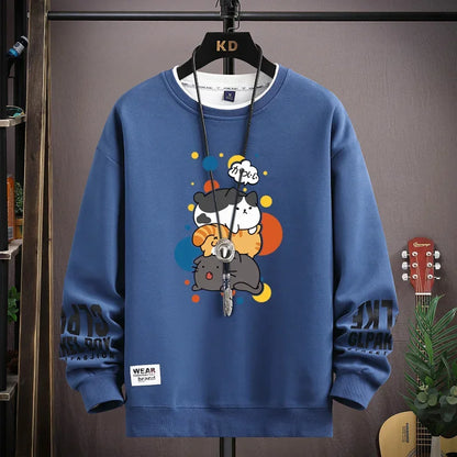 Spring Men's Sweatshirt Japan Cartoon Cats Printed Long Sleeve T-shirt Fashion Men's Clothing Khaki O Neck Harajuku Top 2024 New Die-Blue