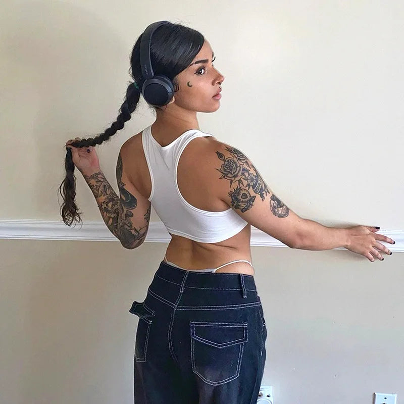 Simenual Punk Style Sleeveless Super Short Tanks Summer Vest Casual Women Sexy Grunge Letter Printed Streetwear Crop Tops Slim