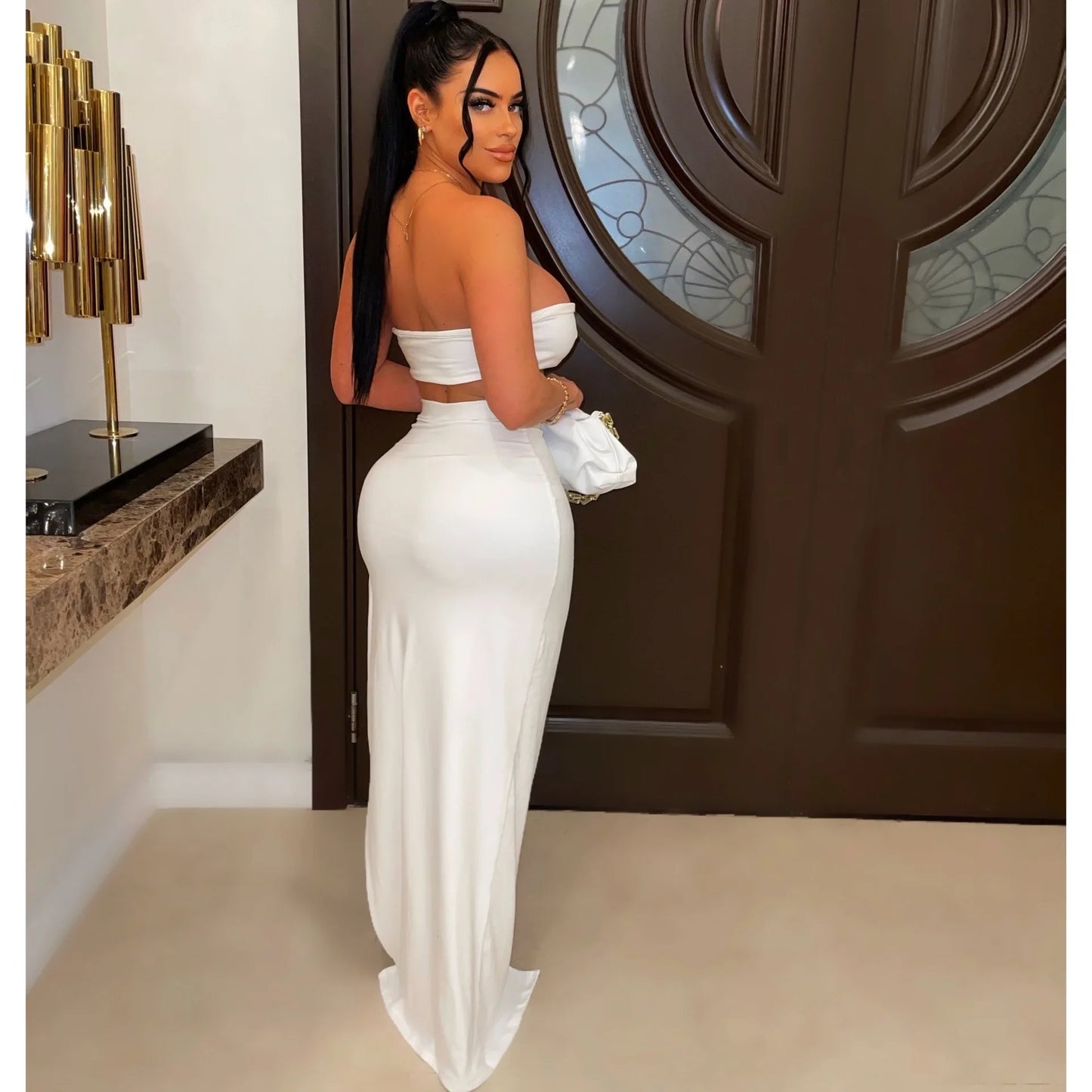 New Chic Gold Ring Bandeau Slit Skirt Two-Piece Set Womens Beautiful Off Shoulder Matching Skirt Set Nightclub Outfits Badiee Stylez