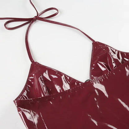New y2k Solid Metal Button Women’s Halter Tops Sleeveless Pu Leather Punk Baddie Slim Women Blouses Streetwear Clothing Crop Top