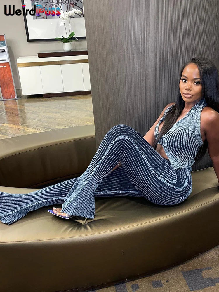 Weird Puss Patchwork Striped Women Casual 2 Piece Set Crochet Halter Low-Neck Vest+Pocket Pants Stretch Skinny Matching Suit Badiee Stylez