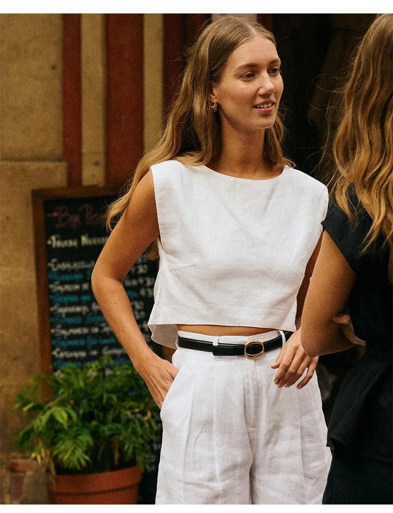 Summer New 100% Linen Sleeveless Crop Top Women's Loose Casual Solid Color Cute Tops Round Neck Minimalist Short T-Shirts