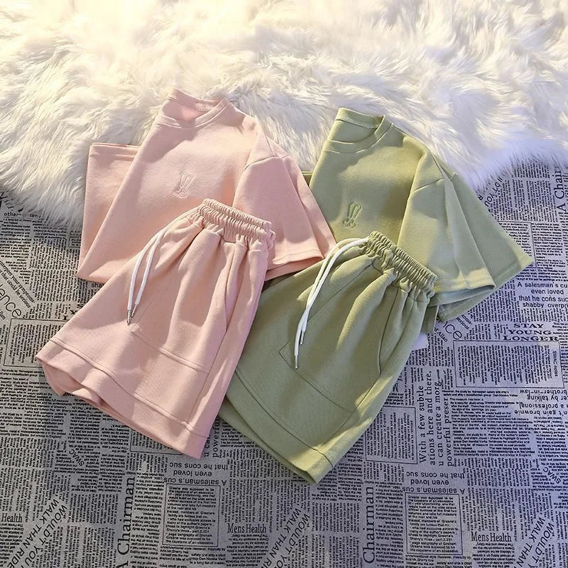 Summer Casual Fashion Embroidered Short Sleeve Shorts Set Women Loose Two Piece Comfortable Sports Set White Outwear Badiee Stylez