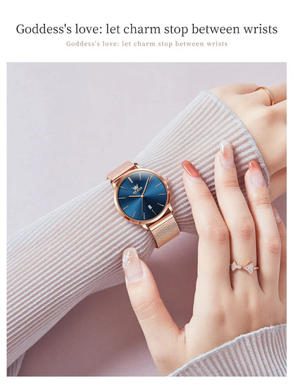 OLEVS Watch For Women Japan Quartz Movement 6.5mm Case Thickness Waterproof Ladies Hand Clock Calendar Fashion Dress Wrist Watch