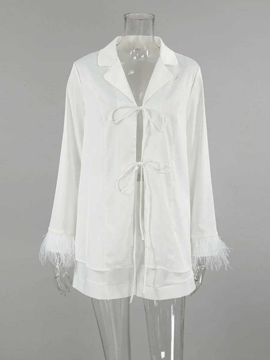 Mozuleva Women's Long Sleeved Lace Up Casual Shirt Pajamas Set Feather Sleeves Shorts Home Clothing Autumn Fashion 2-piece Set