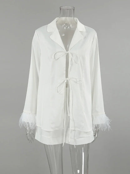 Mozuleva Women's Long Sleeved Lace Up Casual Shirt Pajamas Set Feather Sleeves Shorts Home Clothing Autumn Fashion 2-piece Set