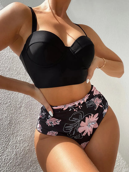 2024 Summer New Bikini Push Up Swimsuit Women Halter High Waist Swimwear Female Printed Bathing Suit Bathers C