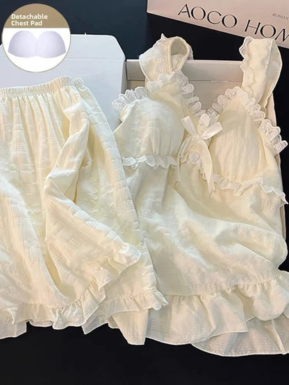 Summer Sexy Strap Spwear Women's ort Pants Loose Fit Home Clothes Set with Chest Pad 2024 New Tread Cotton Thin Woven