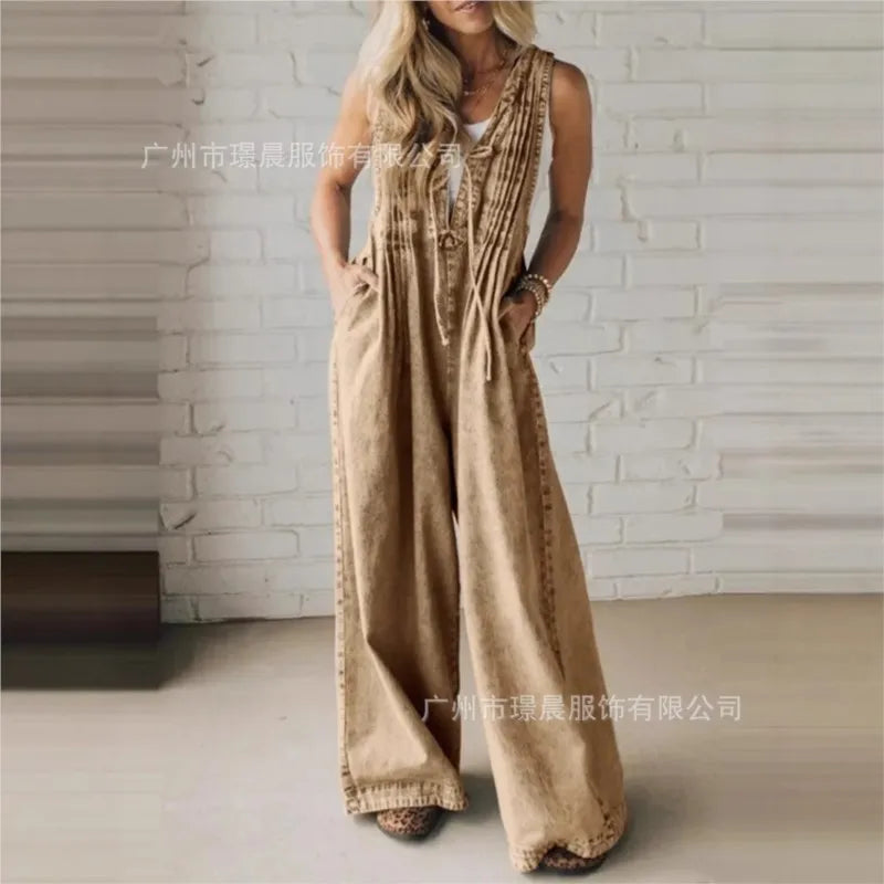 Fashion Casual Jumpsuit Women's 2025 Loose Sleeveless Solid color Pleated Lace-up One Piece Set Romper Pocket Playsuit（no Denim） Badiee Stylez