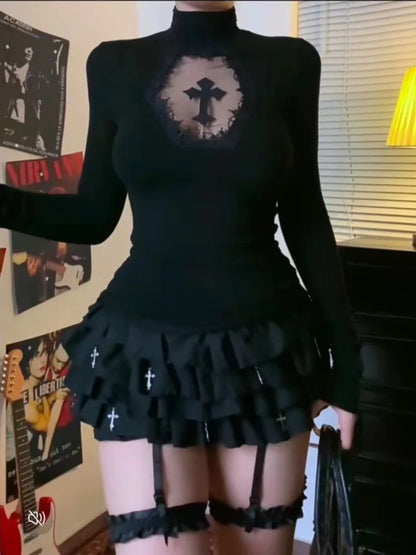 Turtleneck Top Y2k Clothes Black Gothic Cross Hollow Slimming Bottom T Shirt for Women Long Sleeve Sexy T-shirt Girls Tops Badiee Stylez
