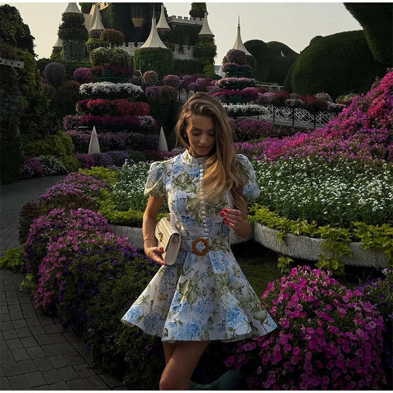 Women Floral A-line Mini Dress Short Sleeve Button-front Stand Collar Belted 2025 Summer Elegant Vestido Ladies Chic Party Dress