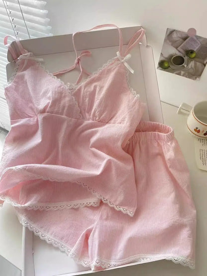Lace Sleepwear Women Pajama Sets Striped Korean Piiama Summer Shorts Sets 2 Pieces Spaghetti Strap Night Wears Pink Home Suit