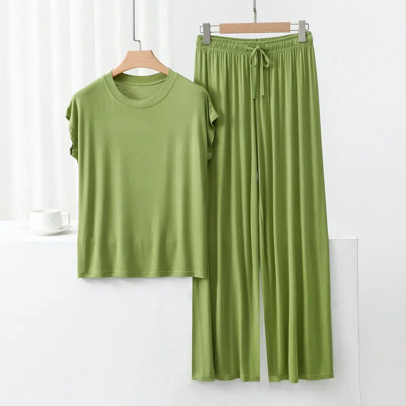Modal Loose Homewear set O-neck Tshirts short sleeves and Wide leg pants Casual streetwear suit all match Avocado