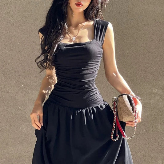 WhereMery Elegant Slip Long Dresses Sexy Women Ruched Bodycon Solid Maxi Dress Spring Y2K Summer Temperament High-waist Vestidos