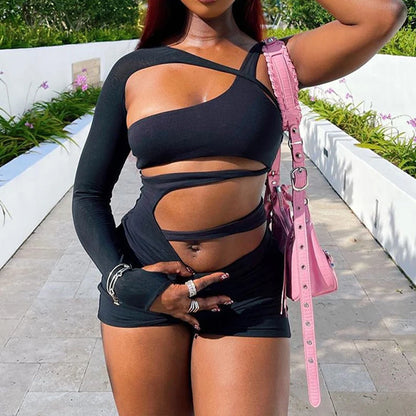 Women's Sexy Rompers Trendy Bodycon Irregular Hollow Out Holes Singel Sleeve Off Shoulder Y2k Playsuits Female Casual Streetwear