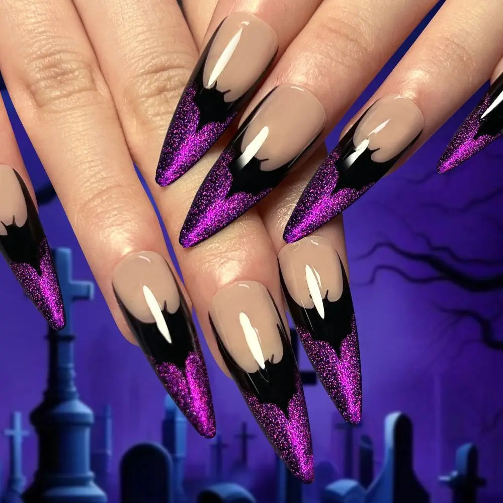 24pcs Manicure Long Almond False Nails Stiletto Ballerina Fake Nials Detachable Halloween Bat French Nail Tips DIY JP3417