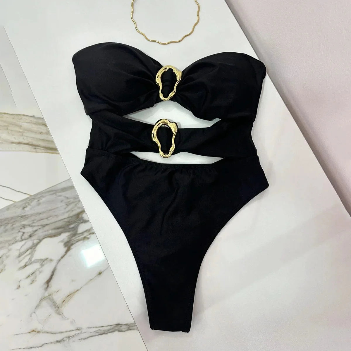 3 Colors Sexy Metal Rings Cut Out Women Swimwear One Piece Swimsuit Female Bandeau High Leg Cut Bather Bathing Suit Swim B022D B023D