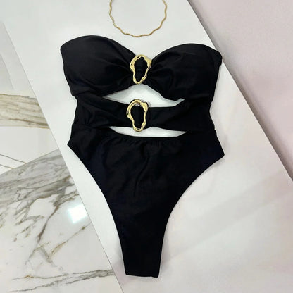 3 Colors Sexy Metal Rings Cut Out Women Swimwear One Piece Swimsuit Female Bandeau High Leg Cut Bather Bathing Suit Swim B022D B023D