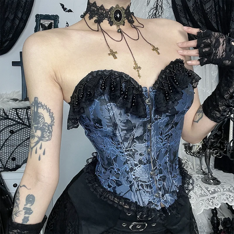 Goth Sexy Lace Corset Crop Tops Camis Y2K Harajuku Aesthetic Black Red Cross Basic Tank Top Summer Women Grunge Emo Streetwear