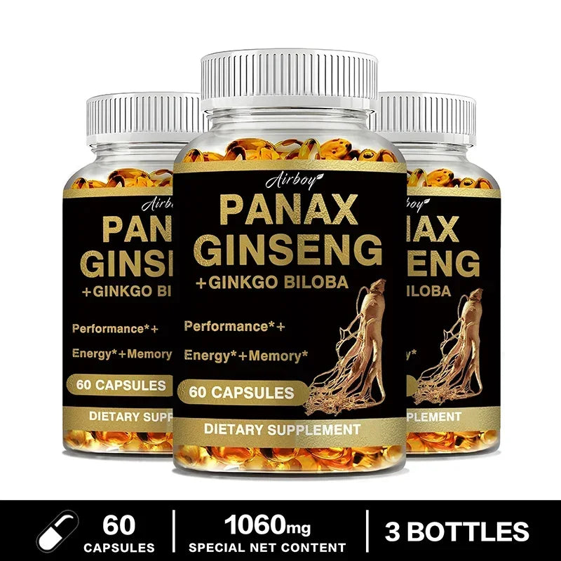 Panax Ginseng + Ginkgo Biloba - Immune Support, Enhance Physical Performance, Improve Memory, and Maintain Overall Health 60 Capsule-3bottles