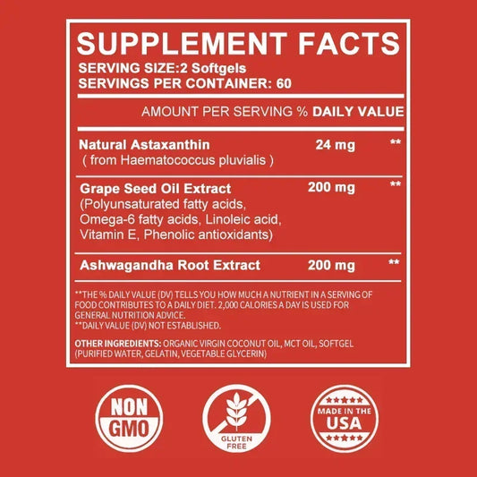 Astaxanthin 24mg - with Ashwagandha, Grape Seed Oil Extract - for Joint, Brain, Immune and Heart Support Diet