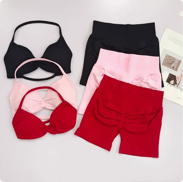 WHENG Gym Set 2 Piece Women Strappy Yoga Bra Top Workout Scrunch Shorts Sports Suit Fitness Clothes Seamless Yoga Set Badiee Stylez