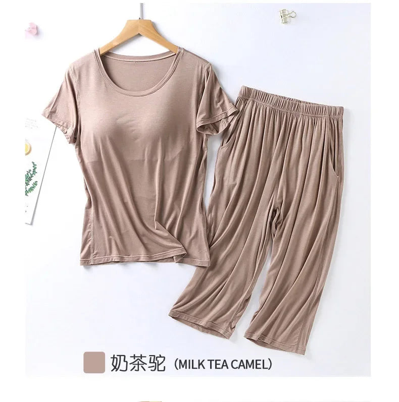 2025 summer new ladies modal pajamas two-piece suit with chest pad short-sleeved cropped trousers plus size home service set 07