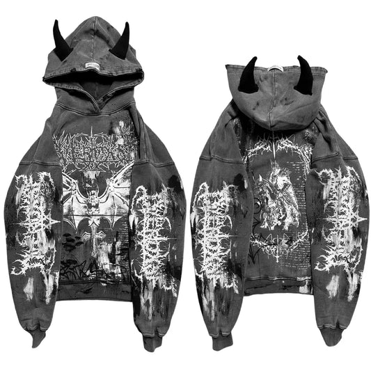 Overdxse Devil Horn Hoodie Gothic Street Clothing Oversized Pullover Unique Horn Design Avant-garde Fashion Limited Edition C002