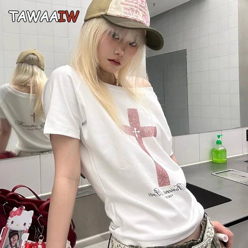 Tawaaiw Gothic Print Cross T Shirt Women Off Shoulder Short Sleeve Graphic Tee Female Clothing Korean Fashion 2000s Clothes Y2k