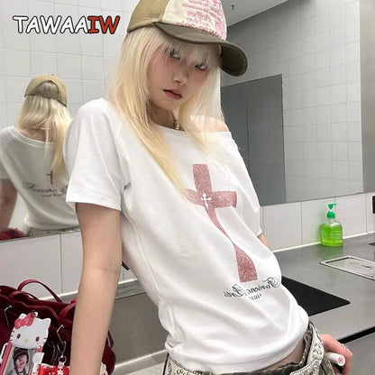 Tawaaiw Gothic Print Cross T Shirt Women Off Shoulder Short Sleeve Graphic Tee Female Clothing Korean Fashion 2000s Clothes Y2k