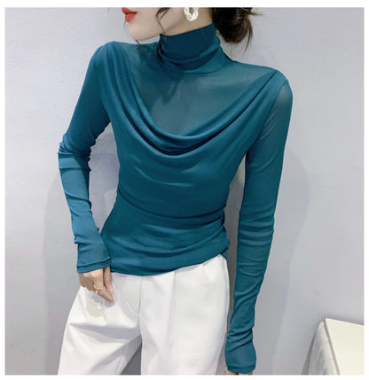 Sexy Mesh Basic T-shirts Women 2025 Fashion Turtleneck Casual Long Sleeve Y2k Tops Korean Clothes Woman Black Winter T Shirt 4XL